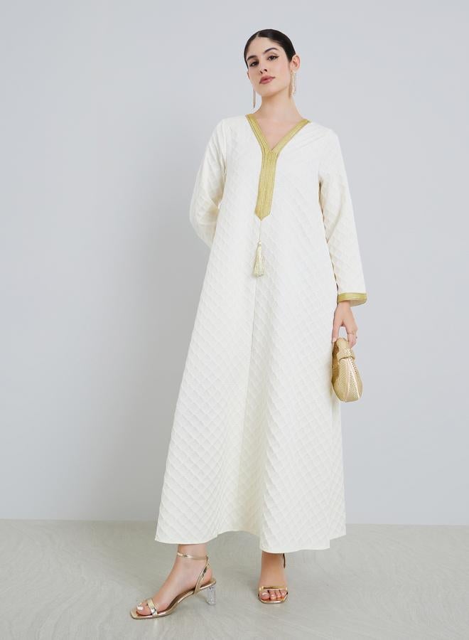 Amirah Women Beige Jacquard Jalabiya with Gold Accents - Image 1