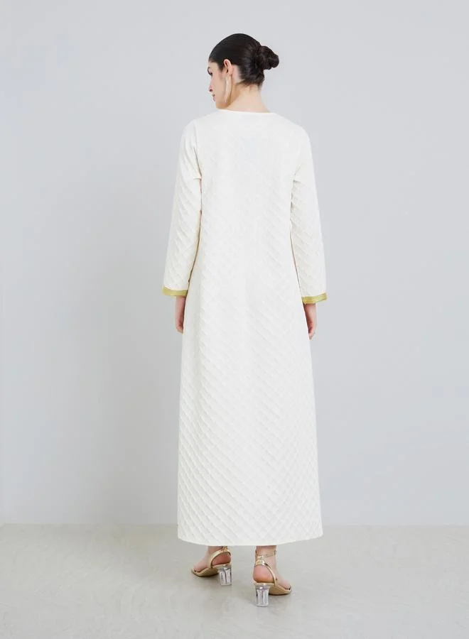 Amirah  Women Beige Jacquard Jalabiya with Gold Accents for Women | Best Price UAE