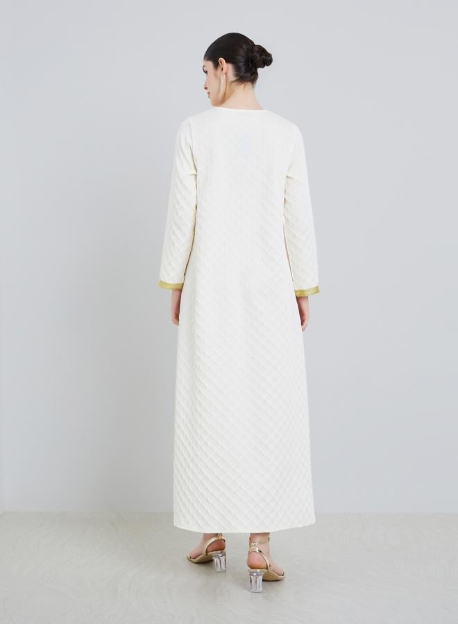 Amirah Women Beige Jacquard Jalabiya with Gold Accents - Image 5