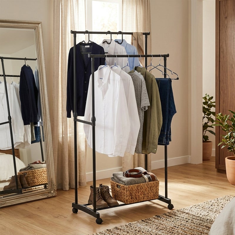 Cuisine Art Double Rod Garment Rack 80x41x90-160cm Adjustable Height Clothes Hanging Stand Steel Frame Portable Clothing Rack for Bedroom Hostel Boutique and Apartment Use Black - Image 2