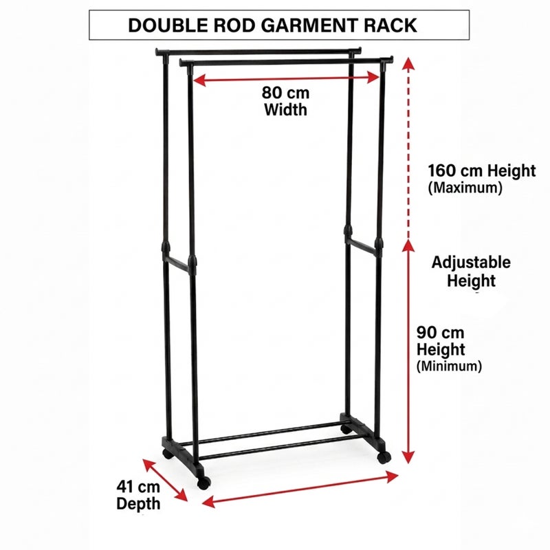 Cuisine Art Double Rod Garment Rack 80x41x90-160cm Adjustable Height Clothes Hanging Stand Steel Frame Portable Clothing Rack for Bedroom Hostel Boutique and Apartment Use Black - Image 5