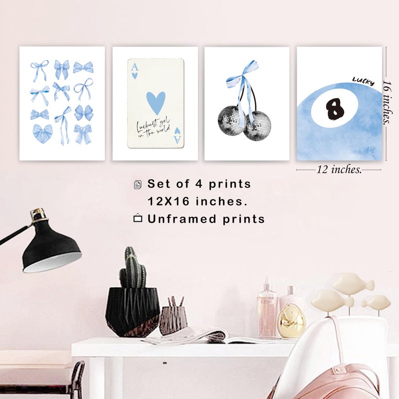 okaxscm Light Blue Coquette Trendy Preppy Wall Art Prints Set of 4 Coquette Preppy Room Decor Blue Bow Disco 8 Ball Cherry Wall Decor Posters for Girls Bedroom Dorm 12x16 Unframed - Image 3
