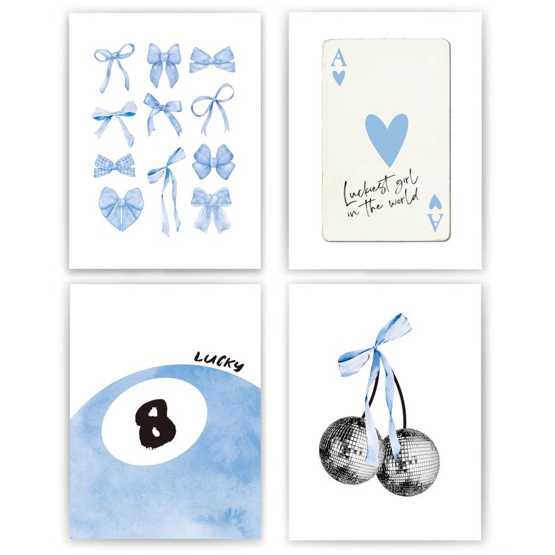 okaxscm Light Blue Coquette Trendy Preppy Wall Art Prints Set of 4 Coquette Preppy Room Decor Blue Bow Disco 8 Ball Cherry Wall Decor Posters for Girls Bedroom Dorm 12x16 Unframed - Image 1