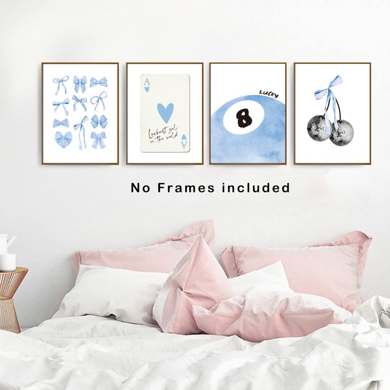 okaxscm Light Blue Coquette Trendy Preppy Wall Art Prints Set of 4 Coquette Preppy Room Decor Blue Bow Disco 8 Ball Cherry Wall Decor Posters for Girls Bedroom Dorm 12x16 Unframed - Image 4