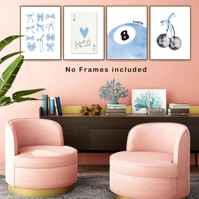 okaxscm Light Blue Coquette Trendy Preppy Wall Art Prints Set of 4 Coquette Preppy Room Decor Blue Bow Disco 8 Ball Cherry Wall Decor Posters for Girls Bedroom Dorm 12x16 Unframed - Image 5