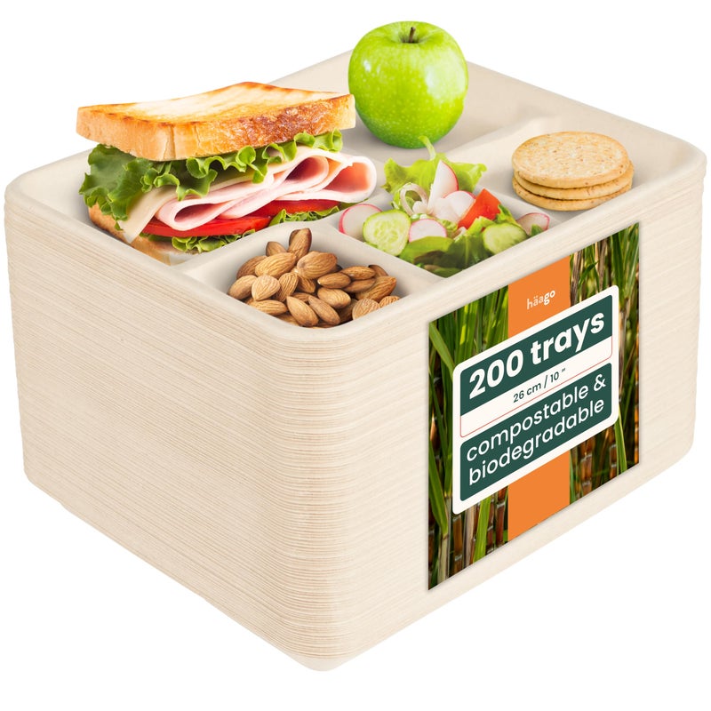 HAAGO 100 Compartment Plates  Sugarcane Bagasse 5 Compartment Food Trays 21x26cm  Biodegradable  Home Compostable  Perfect Party Plate for Outdoor Events  Schools Disposable Plates for Hot Food