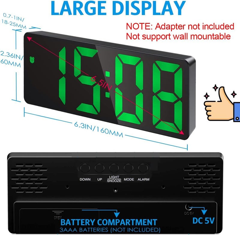 AMIR Alarm Clock, LED Clock for Bedroom, Electronic Desktop Clock with Temperature Display, Adjustable Brightness, 12/24H Display for Home (Plug Not Included) - Image 3