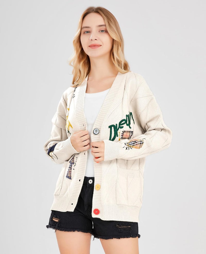 ebossy Women's Cable Knit Long Sleeve Open Front Cardigan Sheep V-Neck Button Down Embroidery Wool Blend Sweater Coat Outwear (2XL,Beige) - Image 4