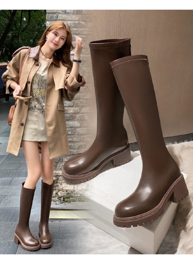 ZHR Instant 6cm Lift】easy Zip-up Long Boots With Chunky Heel, Slimming Knee-high Riding Boots For Women - Image 1