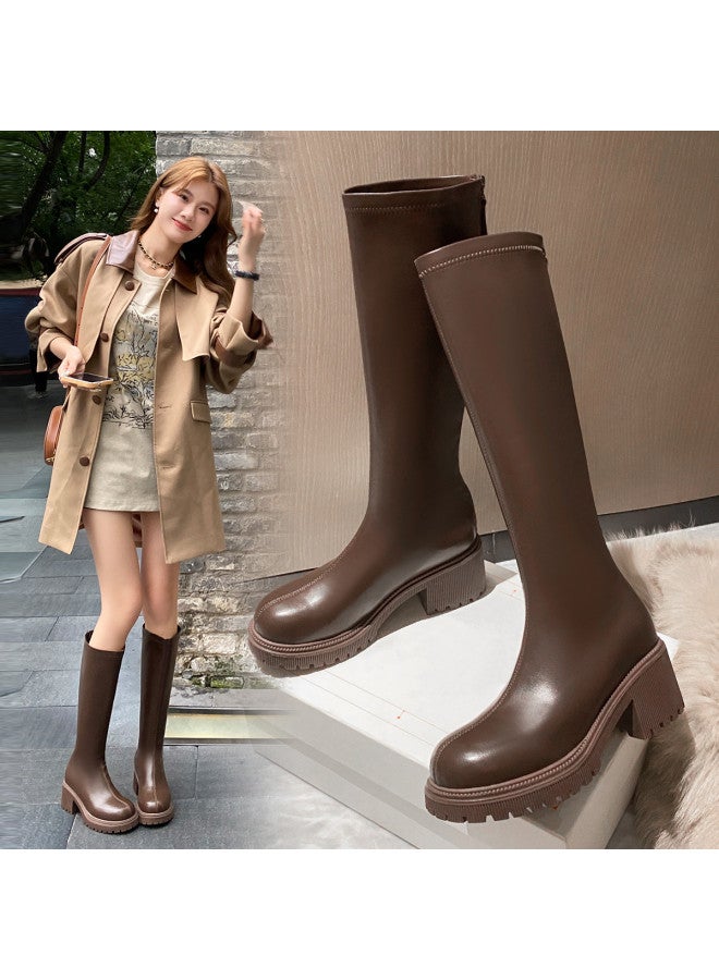 ZHR Instant 6cm Lift】easy Zip-up Long Boots With Chunky Heel, Slimming Knee-high Riding Boots For Women - Image 2