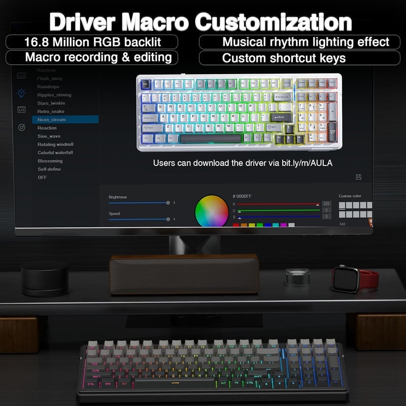 Leobog AULA F99 Mechanical Gaming Wireless Keyboard,Tri-Mode BT5.0/2.4GHz/USB-C Hot Swappable Custom RGB Backlit Creamy Computer Keyboard for PC/Tablet/PS/Xbox - Image 3