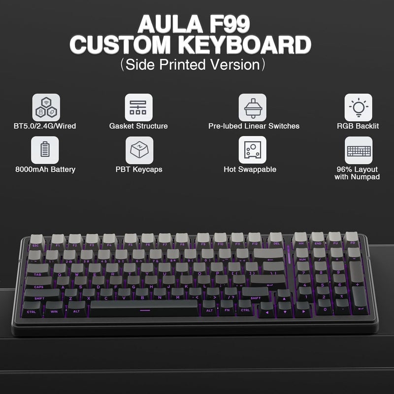 Leobog AULA F99 Mechanical Gaming Wireless Keyboard,Tri-Mode BT5.0/2.4GHz/USB-C Hot Swappable Custom RGB Backlit Creamy Computer Keyboard for PC/Tablet/PS/Xbox - Image 4
