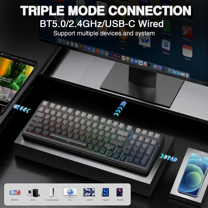 Leobog AULA F99 Mechanical Gaming Wireless Keyboard,Tri-Mode BT5.0/2.4GHz/USB-C Hot Swappable Custom RGB Backlit Creamy Computer Keyboard for PC/Tablet/PS/Xbox - Image 2
