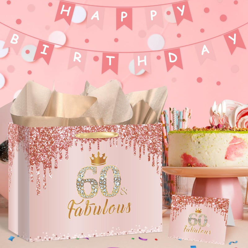 Yoirrat Rose Gold 60th Birthday Gift Bag for Women 60 & Fabulous Large Pink Happy 60th Birthday Gift Bag with Wrapping Paper and Card for 60th Bday Decorations Party Supplies - Image 2