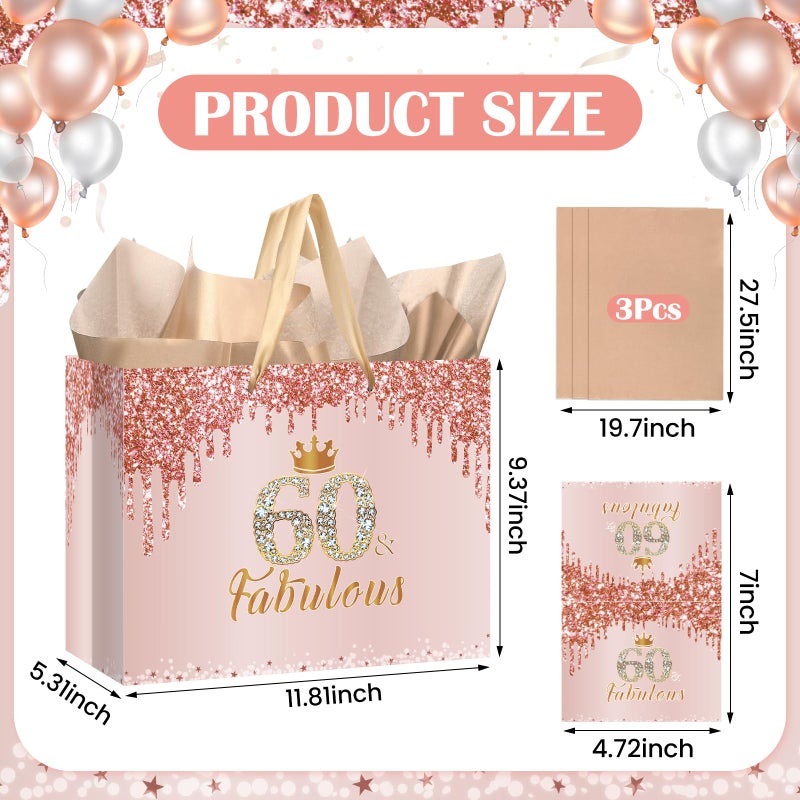 Yoirrat Rose Gold 60th Birthday Gift Bag for Women 60 & Fabulous Large Pink Happy 60th Birthday Gift Bag with Wrapping Paper and Card for 60th Bday Decorations Party Supplies - Image 3