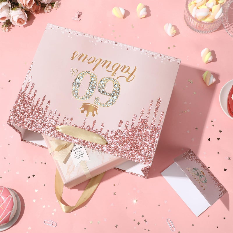 Yoirrat Rose Gold 60th Birthday Gift Bag for Women 60 & Fabulous Large Pink Happy 60th Birthday Gift Bag with Wrapping Paper and Card for 60th Bday Decorations Party Supplies - Image 5