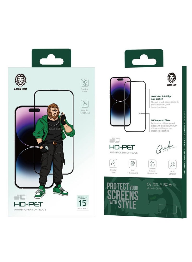 GREEN LION 3D HD-Pet Anti-Broken Soft Edge for iPhone 15 Pro Max / Bubble Free / Highly Responsive / Crystal Clear / Anti Fingerprint / Grease Resistance / Anti Scratch - Clear - Image 2