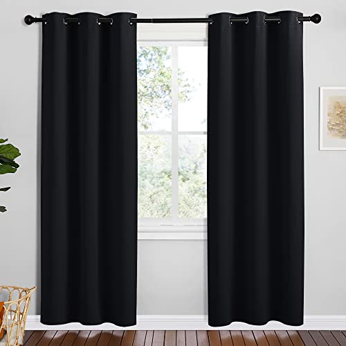 NICETOWN Halloween Bathroom Blackout Thermal Curtains and Drapes, 2 Panels, 42 inches Wide by 78 inches Long, Black, Solid Thermal Insulated Grommet Blackout Drapery Panels for Window - Image 1