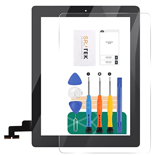 SRJTEK استبدال شاشة اللمس لجهاز iPad 2 SRJTEK A1397 A1395 A1396 قطع زجاجية رقمية، مع زر الصفحة الرئيسية + حامل الكاميرا + لاصق مثبت مسبقًا + إطار وسط (أسود) - Image 1
