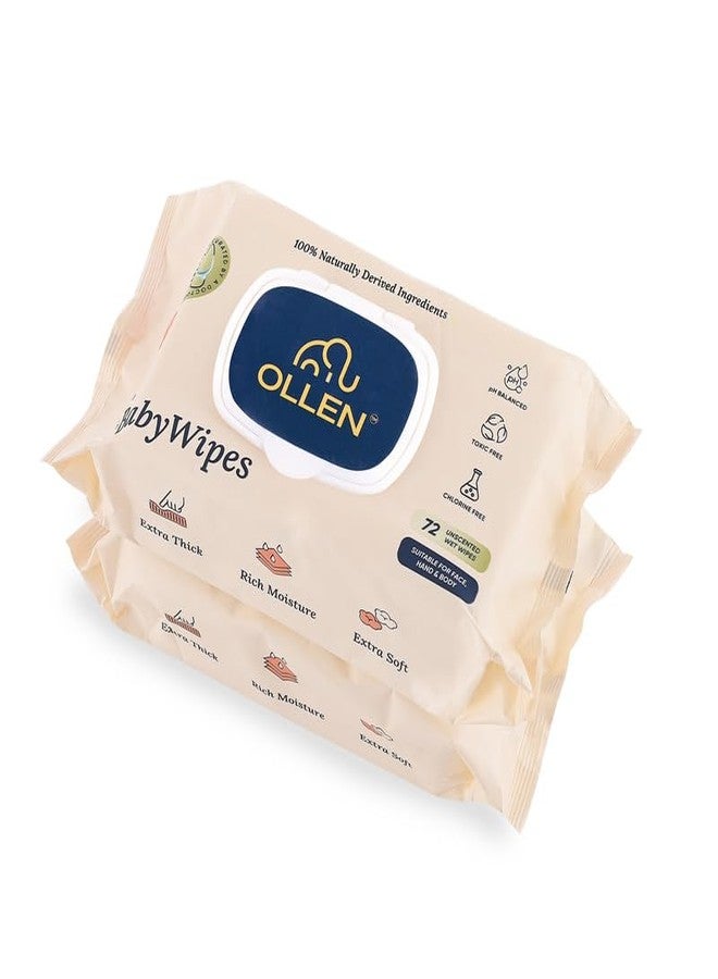 OLLEN Pure water Unscented Baby Wipes with lid- Safe, 100% Plant Made Fabric, Cotton Cloth Like Super thick, Dermatologically Tested- Natural Wet Wipes with Aloe vera & Chamomile (Pack of 2) - Image 1