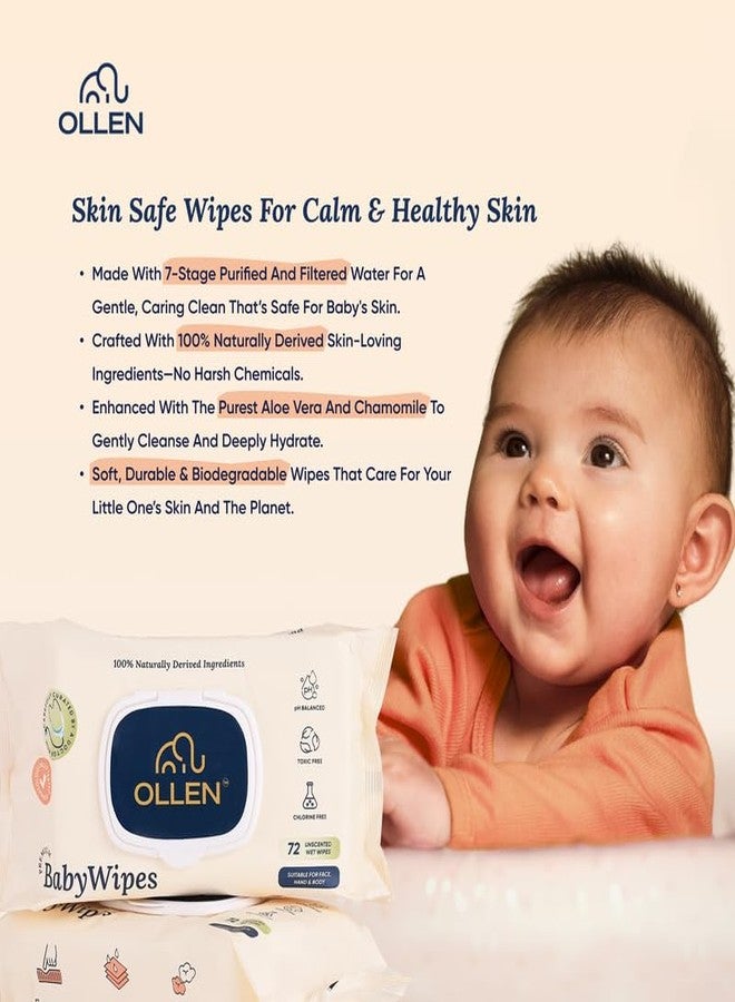 OLLEN Pure water Unscented Baby Wipes with lid- Safe, 100% Plant Made Fabric, Cotton Cloth Like Super thick, Dermatologically Tested- Natural Wet Wipes with Aloe vera & Chamomile (Pack of 2) - Image 4