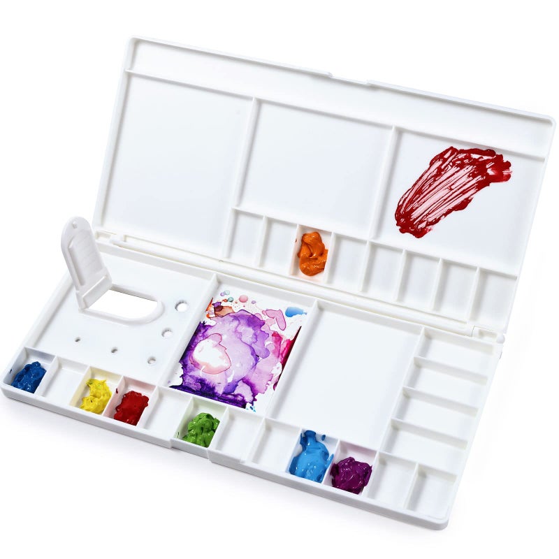 Junreox Watercolor Palette Large Watercolor Palette with 24 Wells and 5 Mixing Areas Premium Paint Pallet with Lid Folding Paint Tray Plastic Painting Palette with Thumbhole