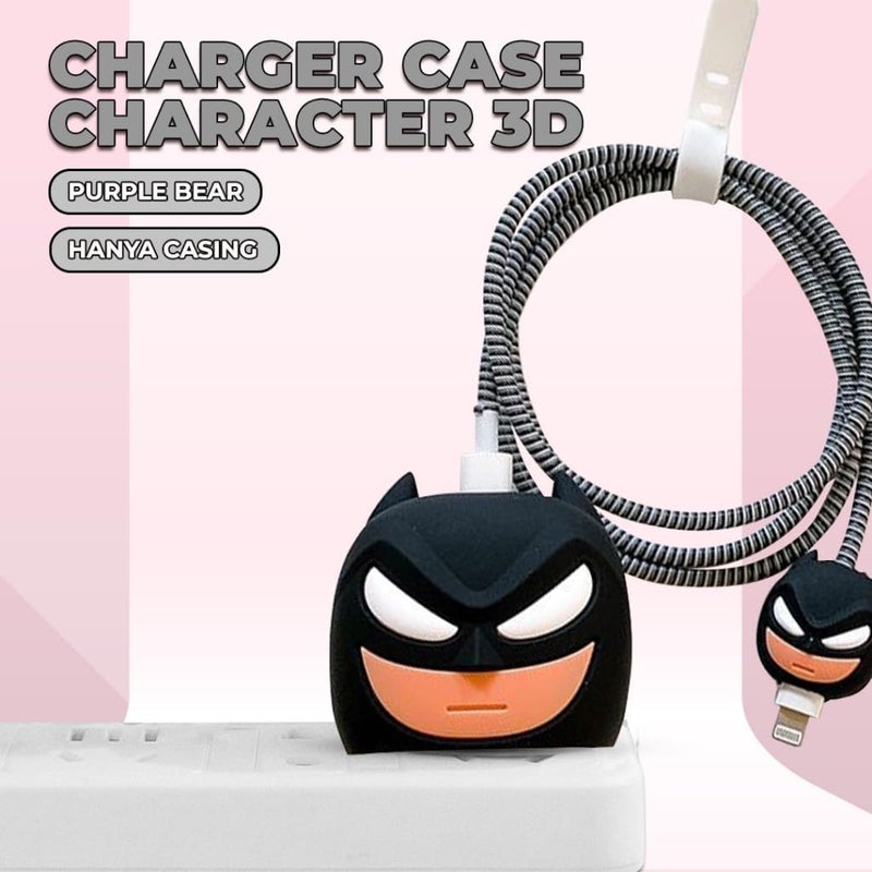 Like Star غطاء حماية 4 في 1 متوافق مع شاحن أبل 20 واط/18 واط USB-C مع واقي سلك، غطاء شخصية كرتونية ثلاثية الأبعاد 360 درجة (باتمان) - Image 3
