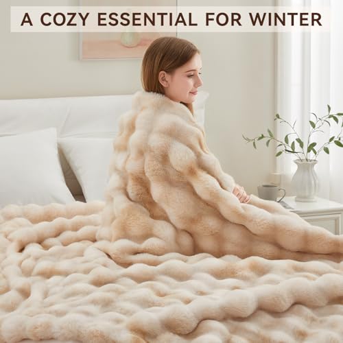Anysay Faux Fur Throw Blanket, 1000GSM Fluffy Soft Bubble Blanket for Couch Bed, Cozy Plush Warm and Thick Blanket, Fuzzy Rabbit Throw for Living Room Bedroom 50''*60'' Tie-dye Camel - Image 5