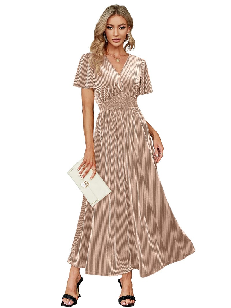Simplee Womens Short Sleeve Velvet Maxi Dress V Neck Formal DressM Champagne