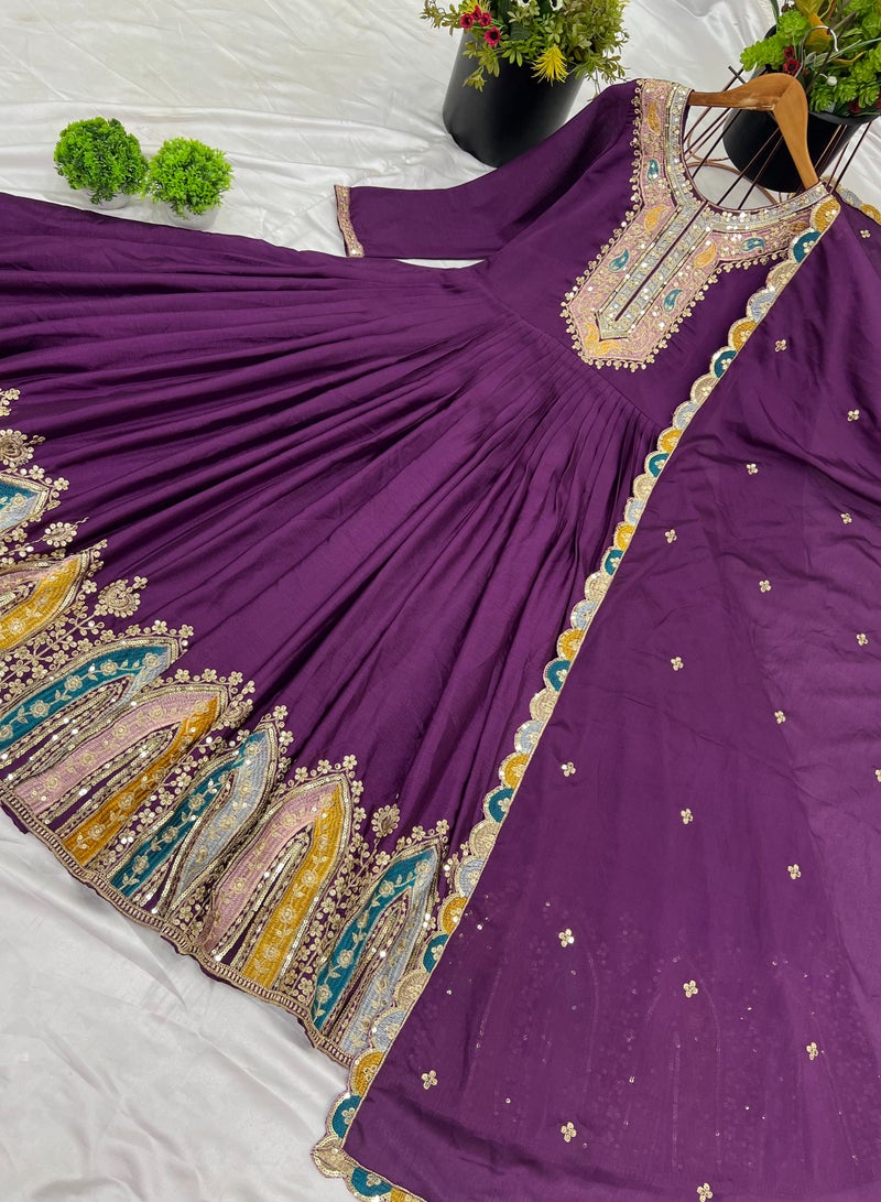 Super Asian New Party Wear Look Gown-Dupatta in Heavy Multi Thread Embroidery Sequence Work  - Image 2