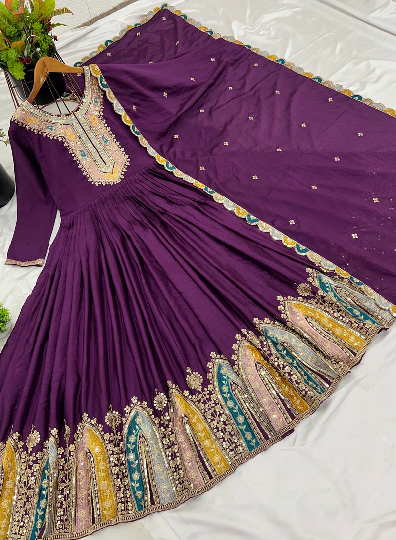Super Asian New Party Wear Look Gown-Dupatta in Heavy Multi Thread Embroidery Sequence Work  - Image 3