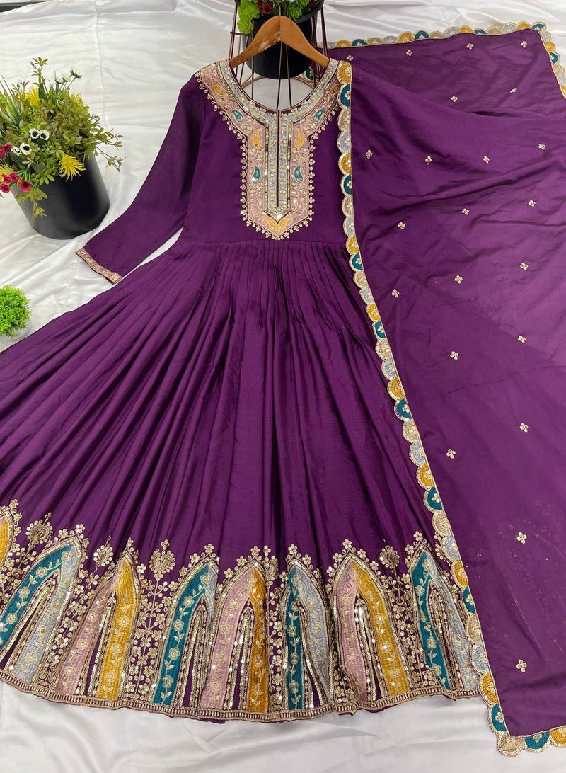 Super Asian New Party Wear Look Gown-Dupatta in Heavy Multi Thread Embroidery Sequence Work  - Image 4
