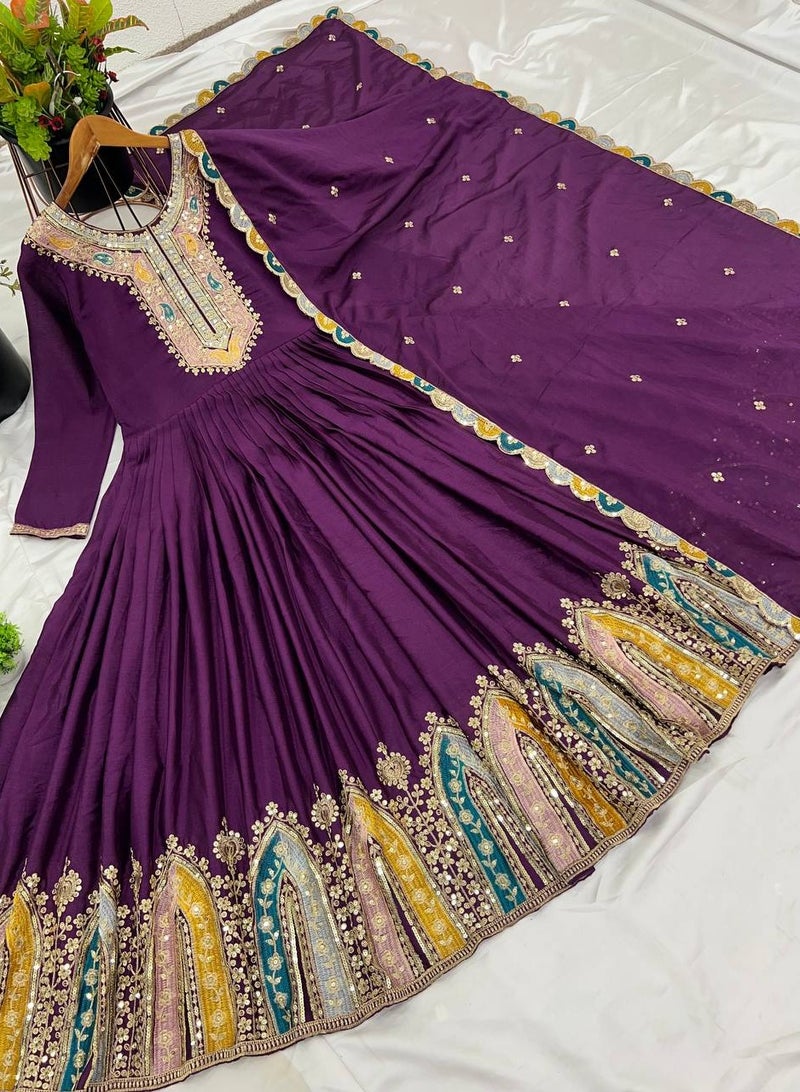 Super Asian New Party Wear Look Gown-Dupatta in Heavy Multi Thread Embroidery Sequence Work  - Image 5