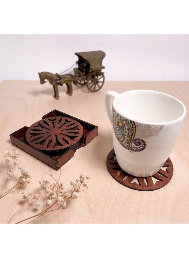 IndionArt Dwe 77mm Decorative Wooden Coaster Set with Stand, Hand-Painted Mandala Design, (Set of 8, Warm Walnut) - Image 4