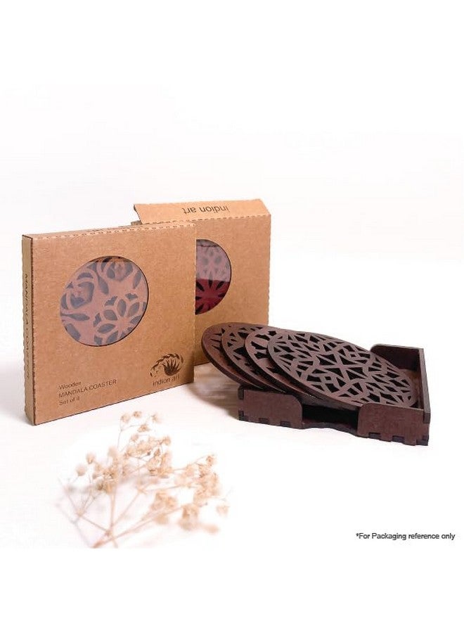 IndionArt Dwe 77mm Decorative Wooden Coaster Set with Stand, Hand-Painted Mandala Design, (Set of 8, Warm Walnut) - Image 5