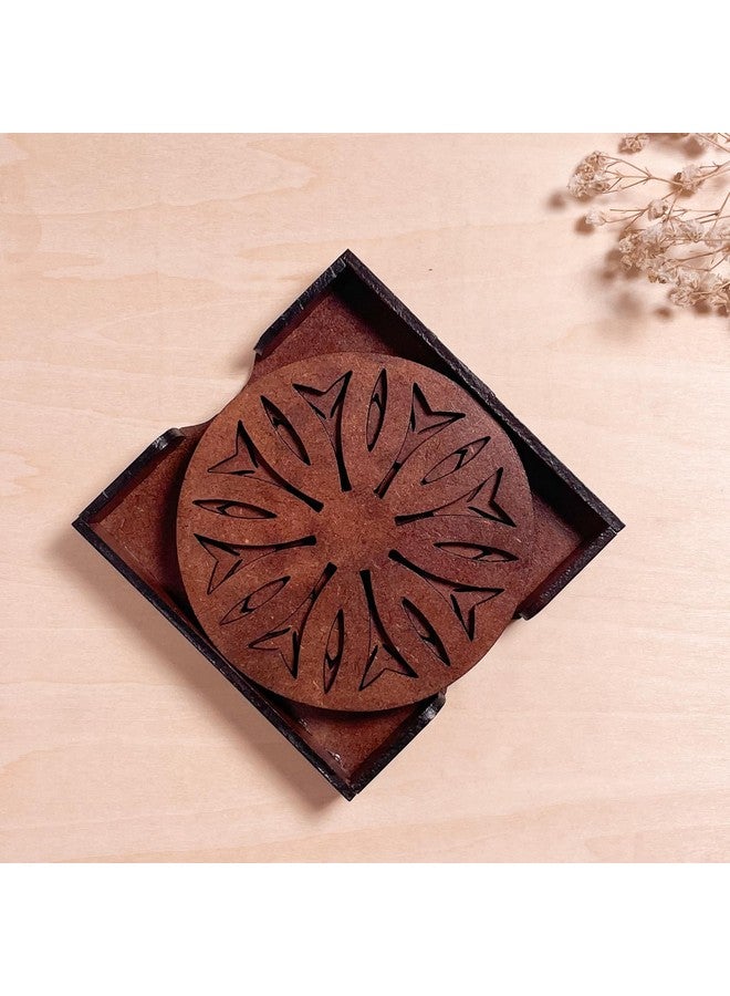 IndionArt Dwe 77mm Decorative Wooden Coaster Set with Stand, Hand-Painted Mandala Design, (Set of 8, Warm Walnut) - Image 1