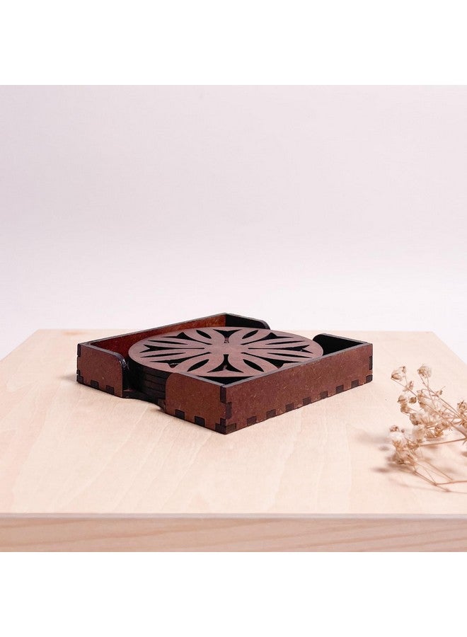 IndionArt Dwe 77mm Decorative Wooden Coaster Set with Stand, Hand-Painted Mandala Design, (Set of 8, Warm Walnut) - Image 2
