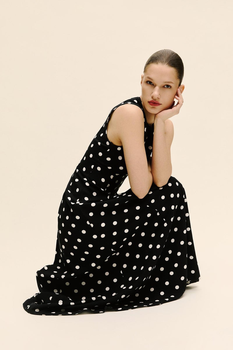DeFacto Black Woman Crew Neck Polka Dot Poplin Midi Dress Casual - Image 5