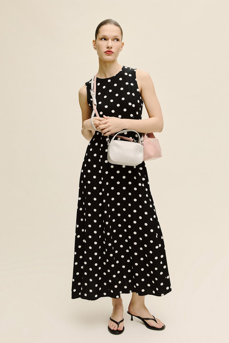 DeFacto Black Woman Crew Neck Polka Dot Poplin Midi Dress Casual - Image 1