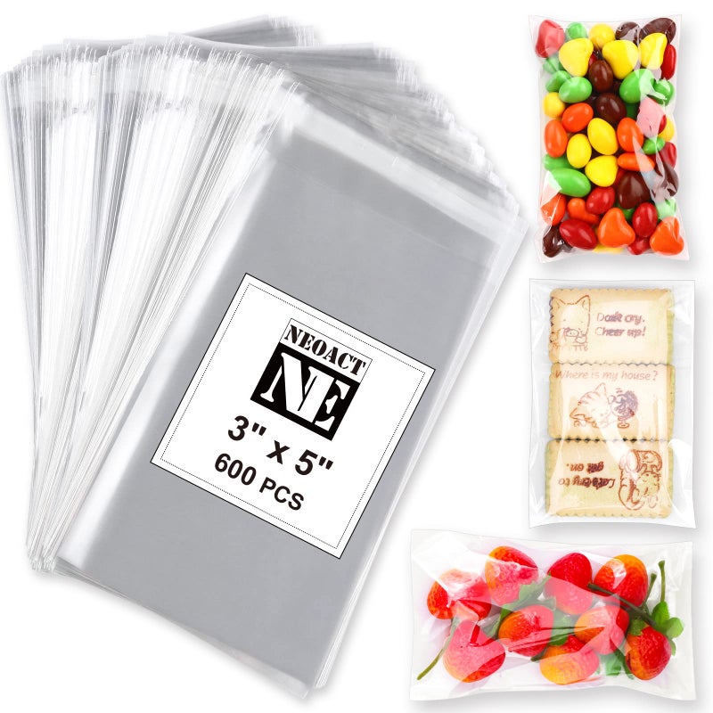 NEOACT 600 Pcs Small Cellophane Bags 3x5",Clear Resealable Cellophane,Self Sealing Bags for Candy Bakery Snacks Cookie Jewelry,Cello Bag for Party Decorative Gift - Image 1
