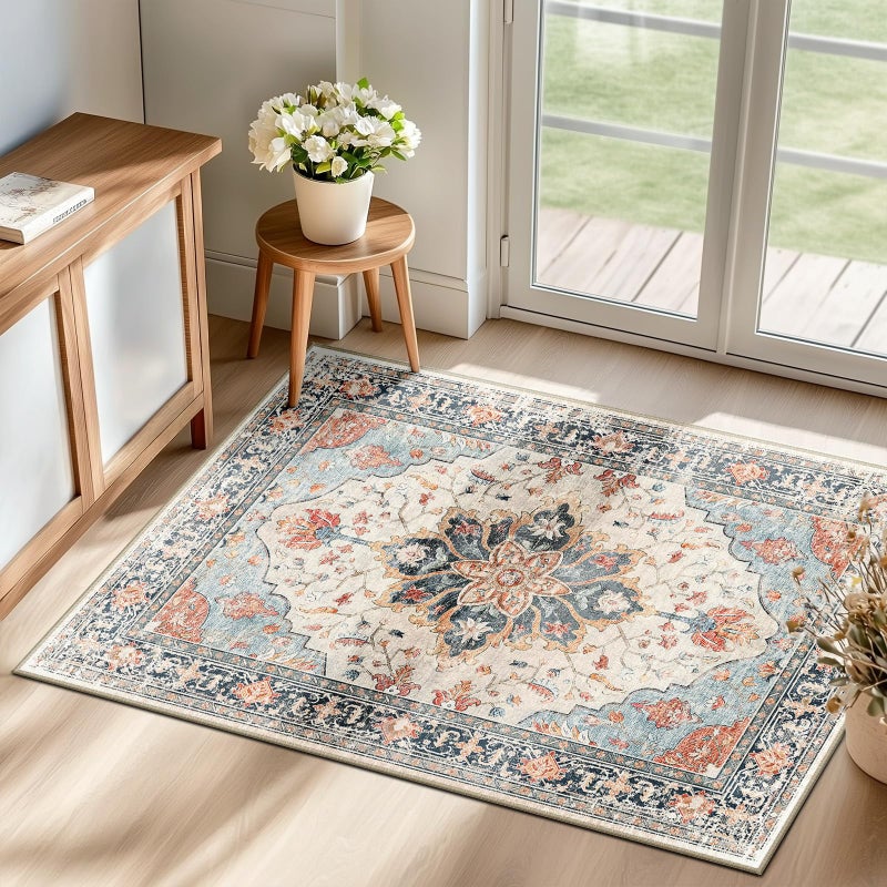 RELEANY Area Rugs 2'x3' Washable Non-Slip, Floral Vintage Distress Print Pattern Medallion Carpet for Living Room Bedroom Dining Room, Beige Navy Blue Orange Colorful - Image 1