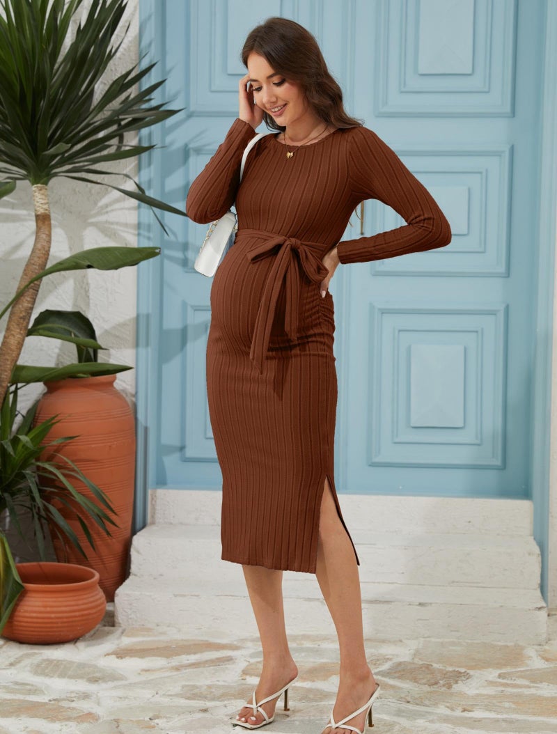 guruixu Crewneck Maternity Sweater Dress Rib Knit Long Sleeve Photoshoot Baby Shower Dresses Slit Pregnancy Sweater Clothes Coffee - Image 4