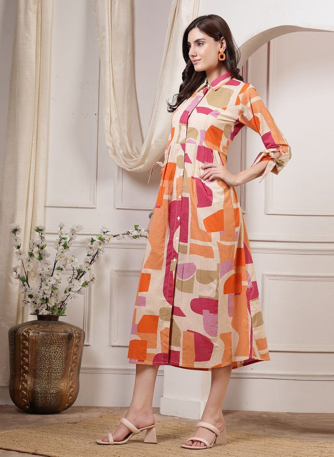 LARGISH Orange Geometric Print A-Line Midi Dress with Shirt Collar and Three-Quarter Sleeves - Image 5
