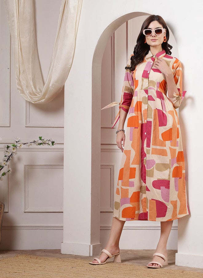 LARGISH Orange Geometric Print A-Line Midi Dress with Shirt Collar and Three-Quarter Sleeves - Image 1