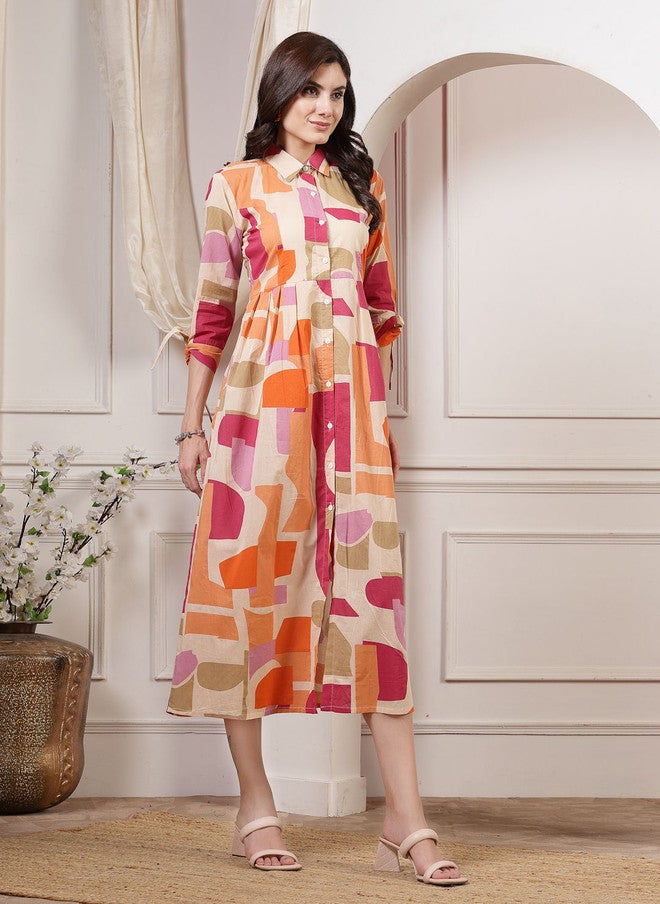 LARGISH Orange Geometric Print A-Line Midi Dress with Shirt Collar and Three-Quarter Sleeves - Image 4