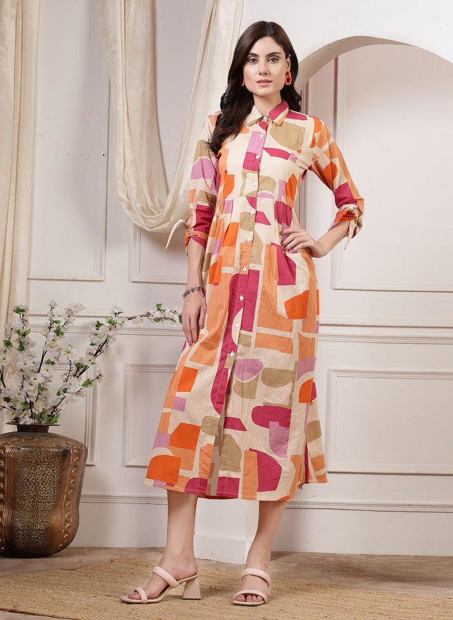 LARGISH Orange Geometric Print A-Line Midi Dress with Shirt Collar and Three-Quarter Sleeves - Image 2