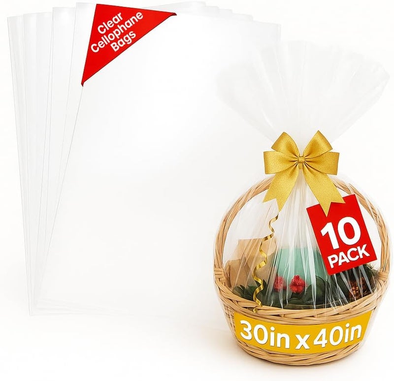 volila Large Cellophane Bags for Gift Baskets - 10 Pack (30 in x 40 in) Clear Gift Wrap for Gift Baskets, Floristry, Party Favors and Food Packaging - Image 1
