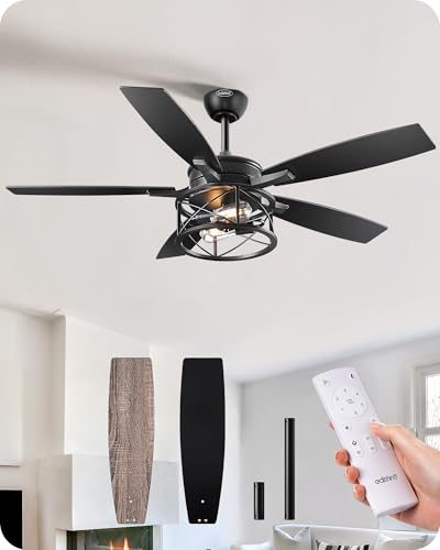 EDISHINE 52" Black Farmhouse Ceiling Fans With Lights, Remote Control, Dimmable, Reversible DC Motor, 5 Wooden Blades Rustic Indoor/Outdoor Ceiling Fan for Living Room Bedroom Porch - Image 1