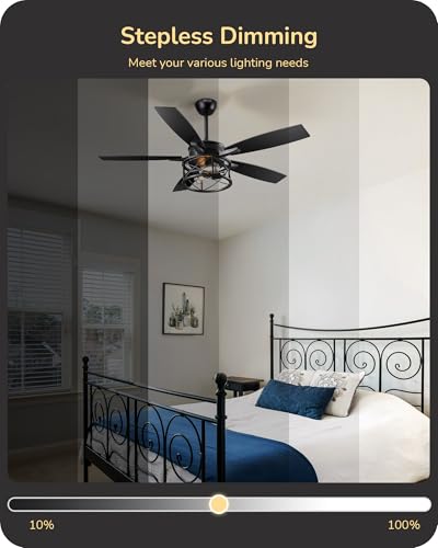 EDISHINE 52" Black Farmhouse Ceiling Fans With Lights, Remote Control, Dimmable, Reversible DC Motor, 5 Wooden Blades Rustic Indoor/Outdoor Ceiling Fan for Living Room Bedroom Porch - Image 3