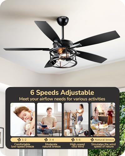 EDISHINE 52" Black Farmhouse Ceiling Fans With Lights, Remote Control, Dimmable, Reversible DC Motor, 5 Wooden Blades Rustic Indoor/Outdoor Ceiling Fan for Living Room Bedroom Porch - Image 5